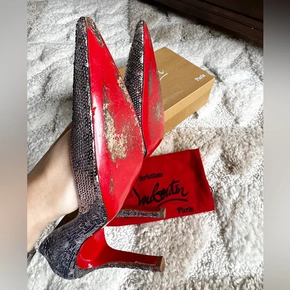 Christian louboutin sequin DECOLTISSIMO 100 SILVER PAILLETTES pointed toe heel - Picture 9 of 14